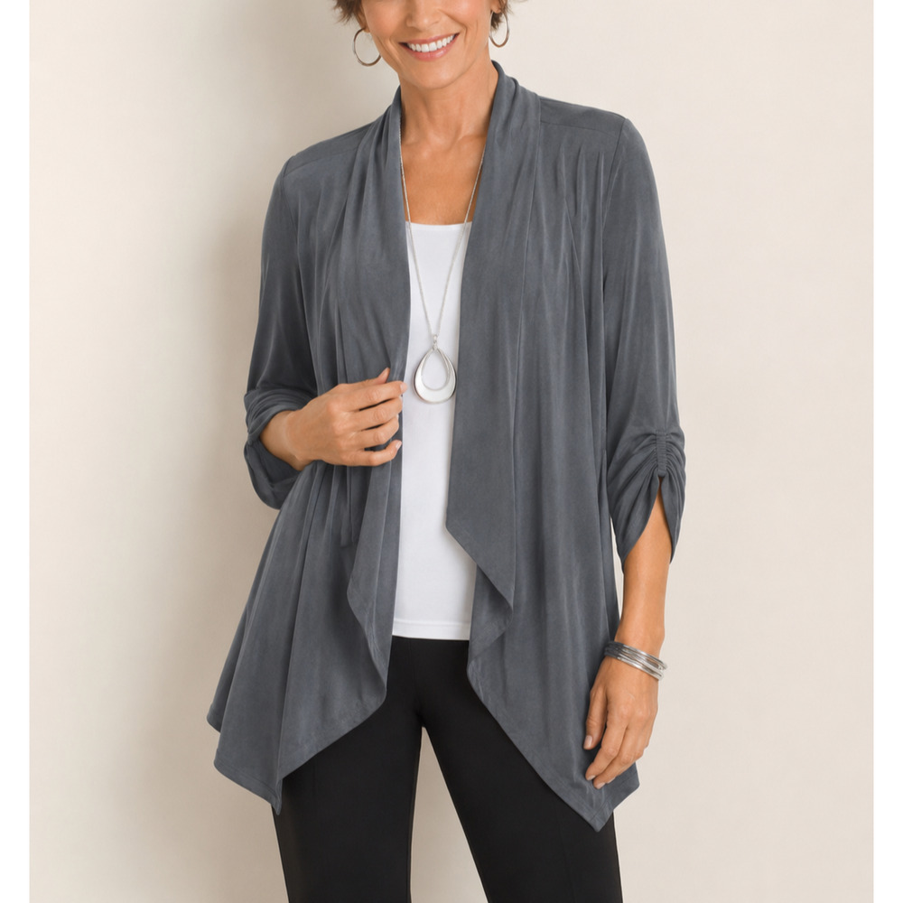 NWT Chico's Travelers Gray Open Front Cardigan Jacket Ruched Sleeve Size 2